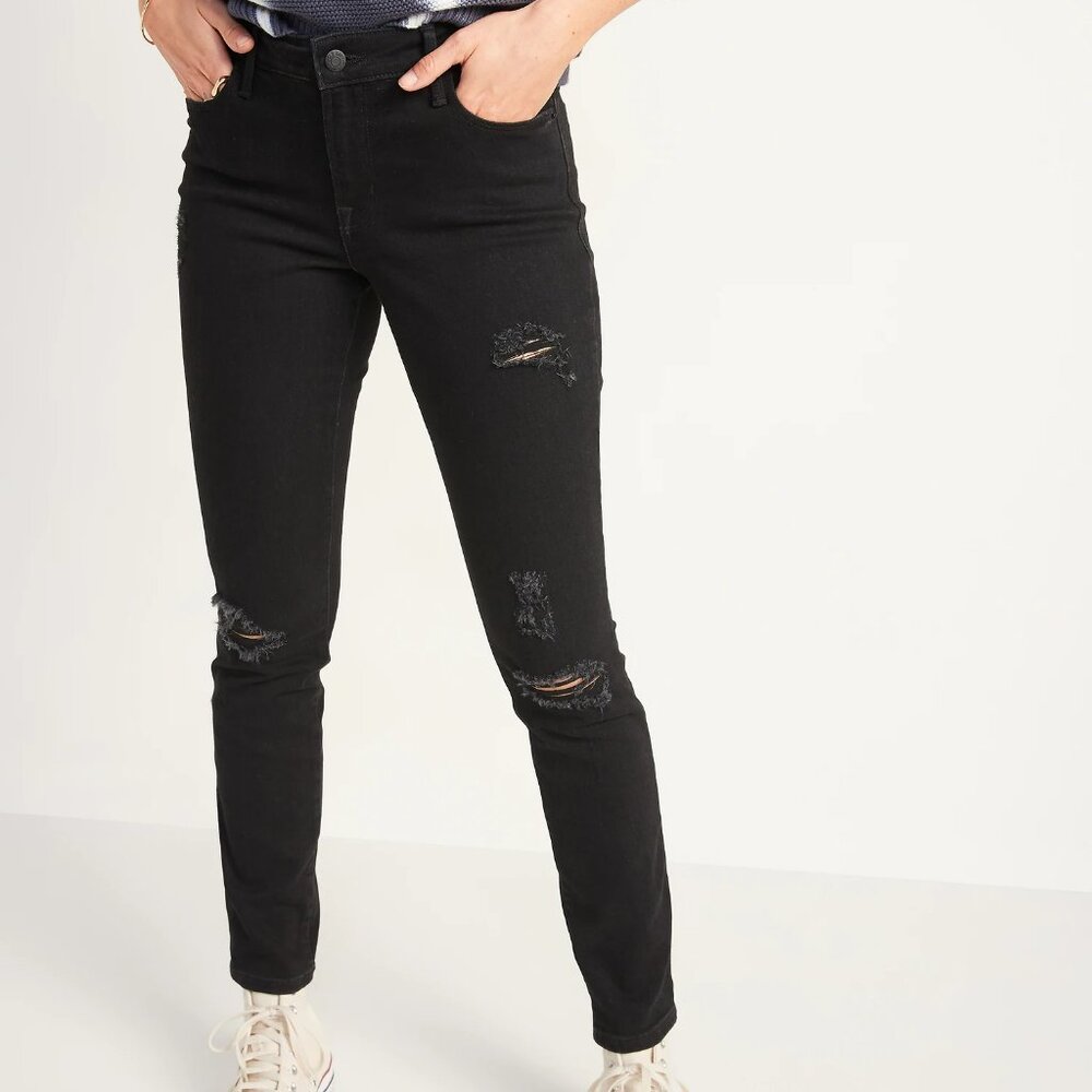 Mid-Rise Pop Icon Black-Wash Ripped Skinny Jeans